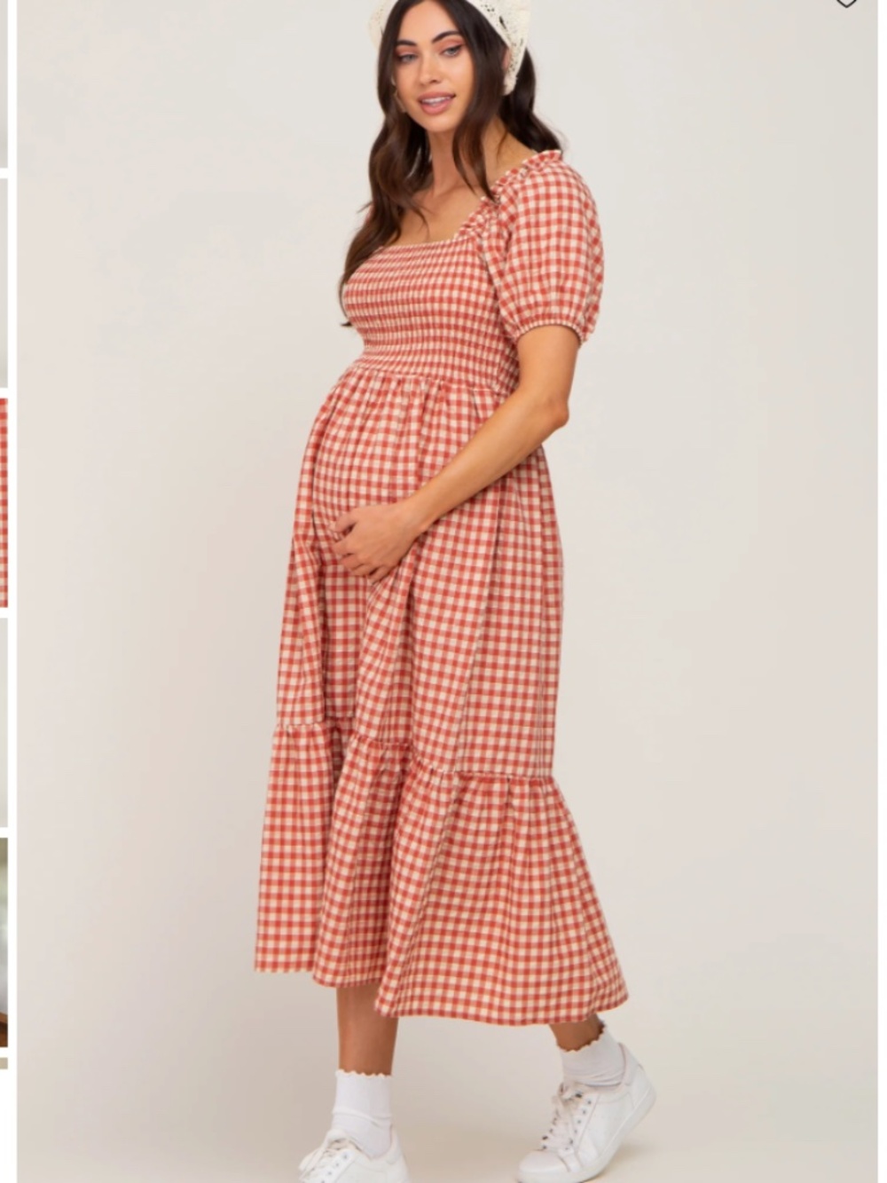 Rust Gingham Smocked Maternity Midi Dress